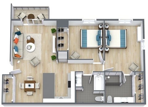Floor plan for 2 beds, 2 baths, 960 sqft